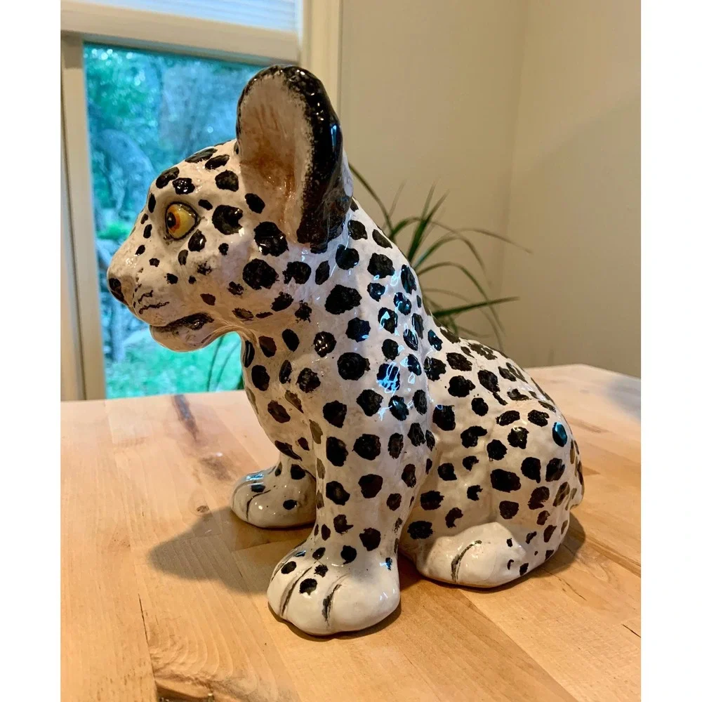 Vintage Mid-Century Majolica Leopard Cub White and Black made in Italy